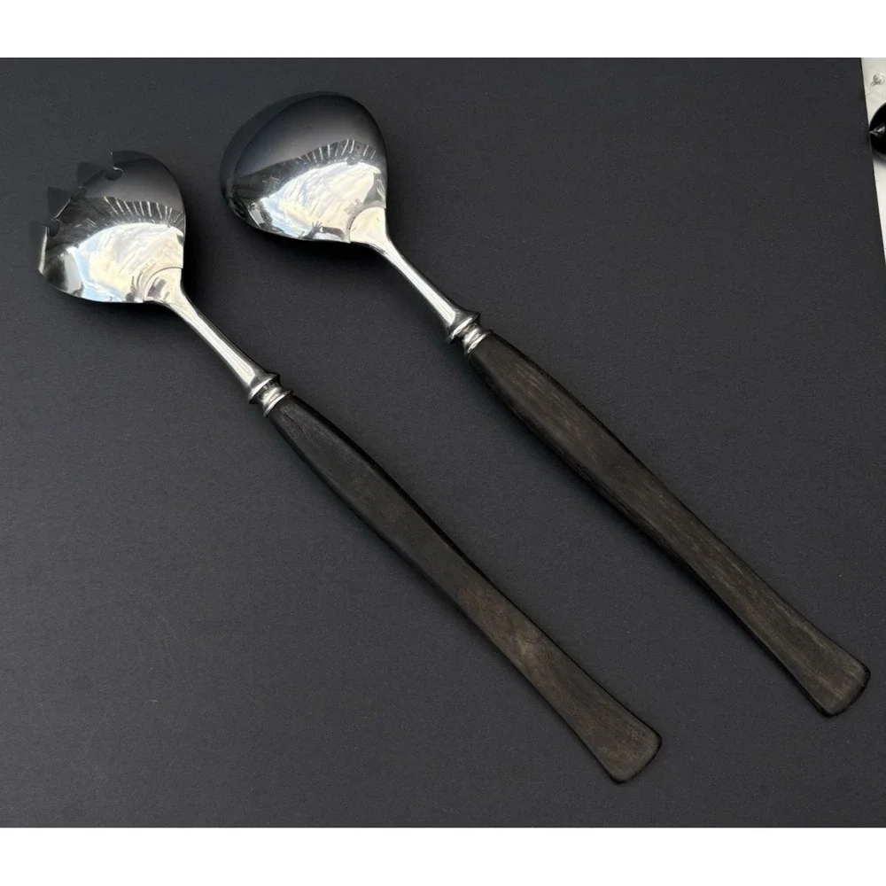 Vintage Scandinavian salad serving set made in Norway silver metal  wood handles